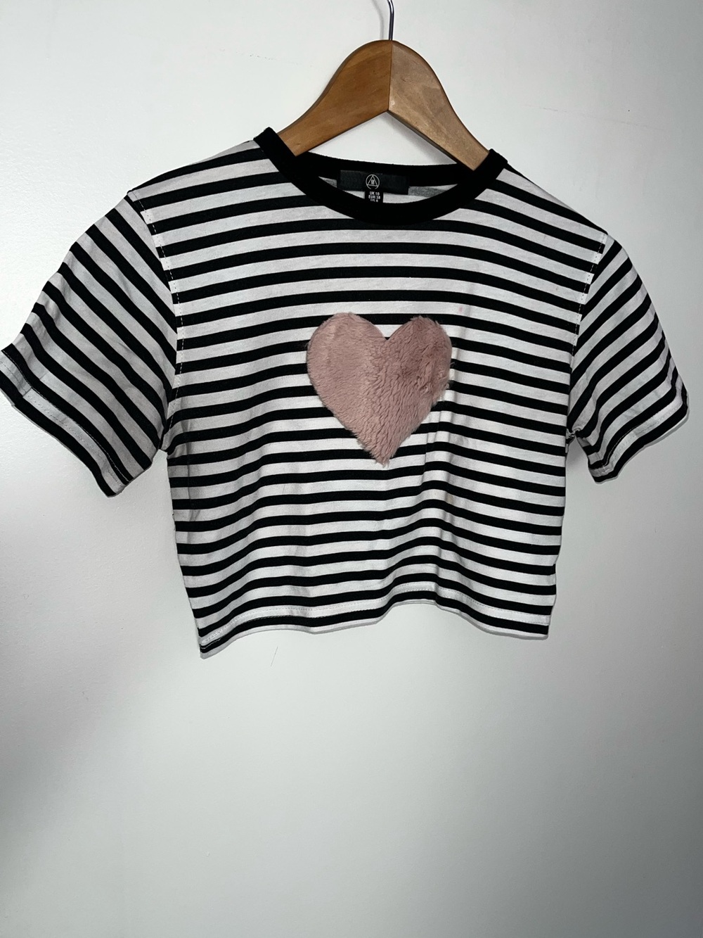 Black & White Striped Crop Top with Fuzzy Heart
